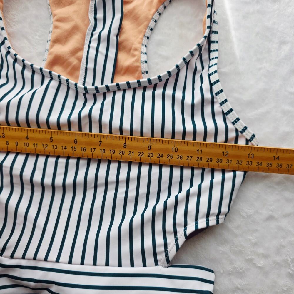 New Molybell Monokini One Piece Swimsuit XS Green Lilies Stripe Cutout Zip Beach - Picture 12 of 14